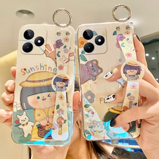 เคสโทรศัพท์มือถือแบบนิ่ม ลายการ์ตูนเด็กผู้หญิง ดวงอาทิตย์ ดอกไม้ พลอยเทียม พร้อมสายคล้องข้อมือ สําหรับ Realme C53 NFC