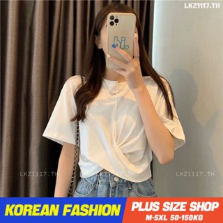 Plus size เสื้อผ้าสาวอวบ❤ เสื้อยืดสาวอวบอ้วน ไซส์ใหญ่ ผู้หญิง เสื้อยืดครอป ทรงหลวม แขนสั้น คอกลม สีขาว ฤดูร้อน สไตล์เกาหลีแฟชั่น