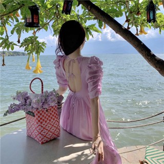 ชุดเดรสกระโปรงยาว สีม่วง เหมาะกับเดินชายหาด สไตล์ฝรั่งเศส สําหรับสตรี