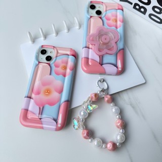 เคสโทรศัพท์มือถือแบบนิ่ม TPU กันกระแทก ลายดอกไม้สีชมพู พร้อมสายคล้อง และขาตั้งวาง สําหรับ IPhone 14 13 12 11 Pro Max