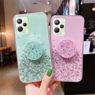 เคสโทรศัพท์มือถือซิลิโคน TPU แบบนิ่ม ประดับเลื่อม และฟอยล์ผงคริสตัล และขาตั้ง ทรงกลม หรูหรา สําหรับ Realme C53 C55 C33 C35 C30 C30s real me Narzo N55 N53