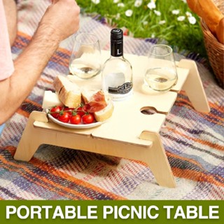 Wooden Portable Picnic Table for Wine and Glass Holder Snack Tray Camping