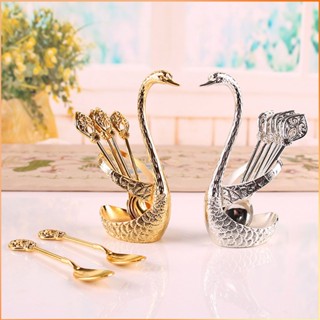 6 ชิ้น/เซ็ต Swan ตกแต่ง Gold Sliver ช้อนชุดอาหารเย็นช้อนส้อมสแตนเลสชุดสำหรับกาแฟขนมกวนช้อนชา -FE