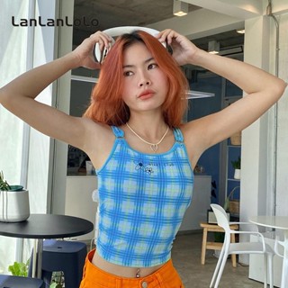 Lanlanlolo เสื้อยืดลําลอง คอกลม แขนสั้น เข้ารูป ลายสก๊อต สีพื้น สําหรับสตรี 2023