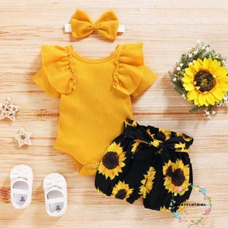 Babyclothes- ชุดรอมเปอร์ แขนสั้น พิมพ์ลายดอกทานตะวัน แต่งโบว์ พร้อมที่คาดผม สําหรับเด็กผู้หญิง 3 ชิ้น