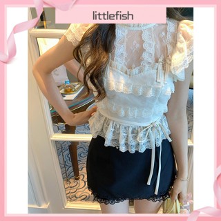 {littlefish} เสื้อลูกไม้จัสมิน แขนบิน ขนาดเล็ก หรูหรา แฟชั่นฤดูร้อน สําหรับผู้หญิง