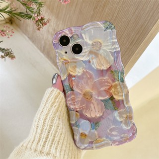 เคสโทรศัพท์มือถือ TPU กันกระแทก ลายภาพวาดสีน้ํามัน รูปดอกไม้ สีม่วง สําหรับ iPhone 14 13 12 11 Pro Max 14 Pro Max