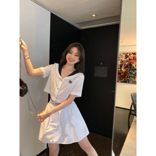 D7AL MIU MIU 23 spring and summer Navy style holiday series embroidered logo short-sleeved shirt elastic waist short skirt cute suit