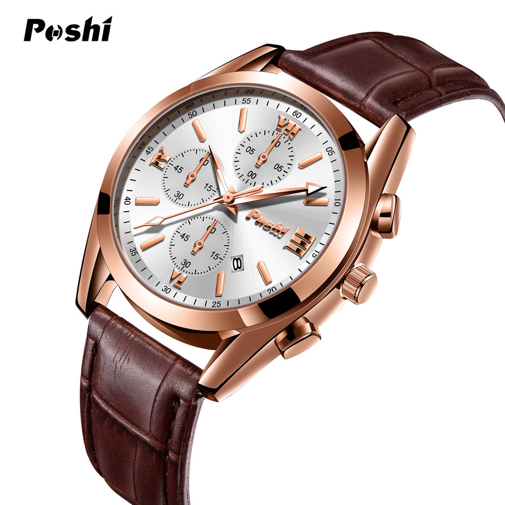 POSHI นาฬิกาแฟชั่นสําหรับผู้ชายสายหนังธุรกิจนาฬิกาข้อมือควอตซ์ Man ปฏิทินอัตโนมัตินาฬิกากันน้ํา Jam 