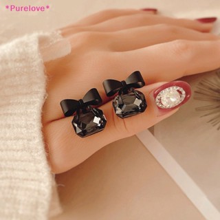 Purelove&gt; เครื่องประดับแฟชั่น สีดํา โบ ลูกบาศก์ คริสตัล ต่างหูสี่เหลี่ยม ต่างหูโบว์ ใหม่