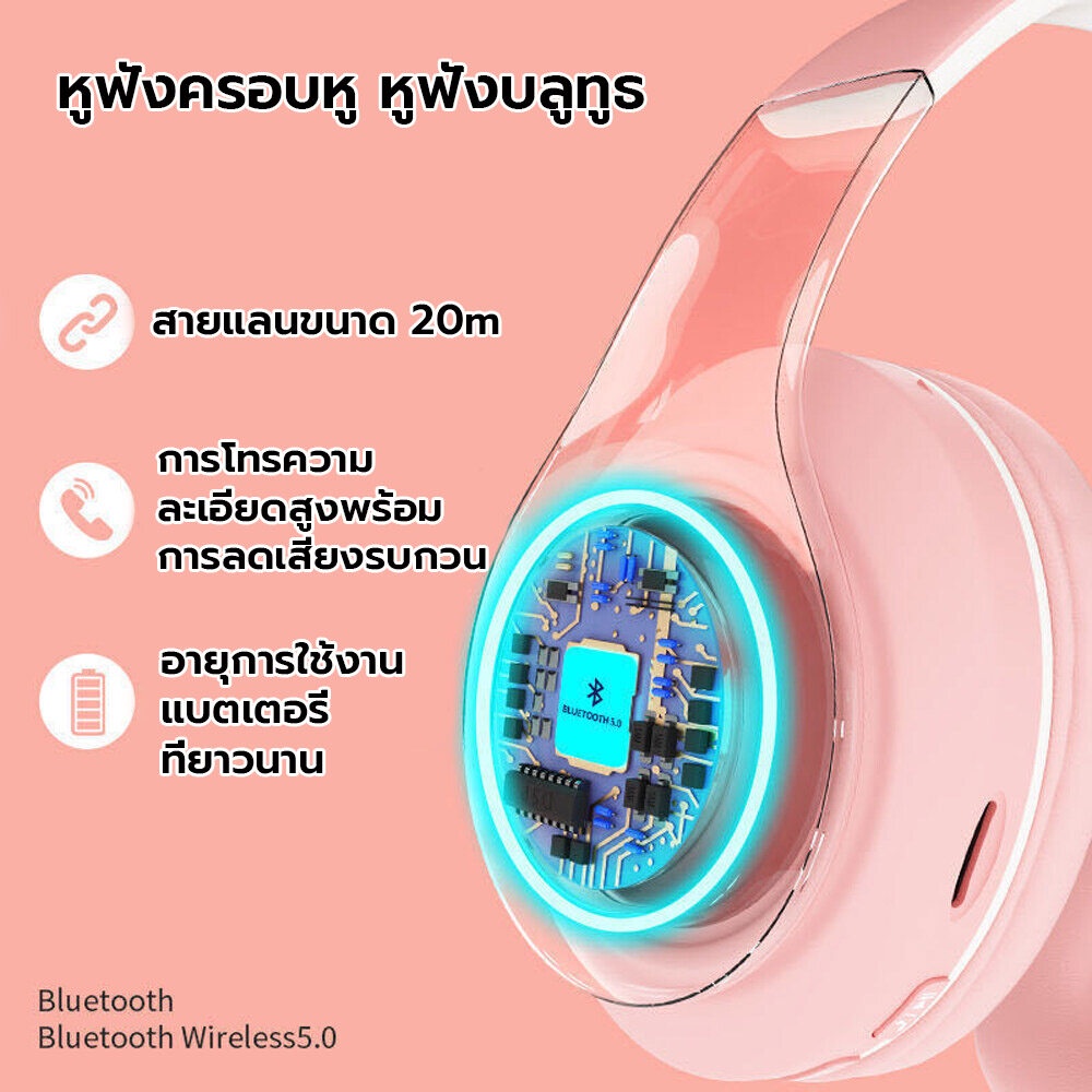 หูฟังบลูทูธไร้สาย ครอบหู เล่นเกม/เพลง บลูทูธ5.0 ใช้ได้คอมและมือถือ เสียง4D ลดเสียงรบกวน ชาร์จUSB และเสียบแมมได้