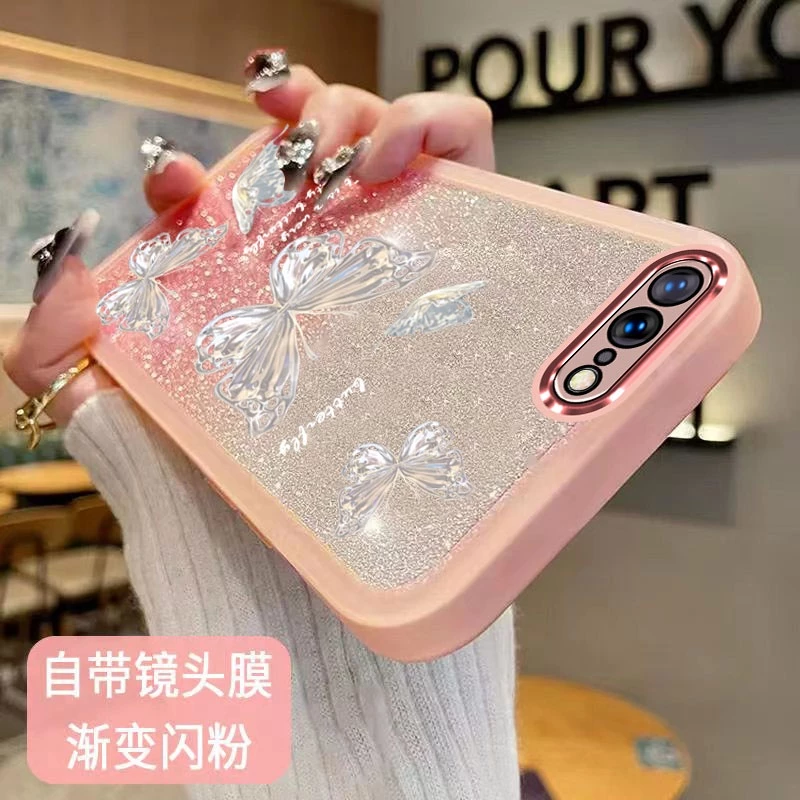 เคสไอโฟน iphone 6 7 8 6s 6 6s 7 8 plus TPU นิ่ม แบบใส ไล่โทนสี ลายผีเสื้อ พร้อมฟิล์มเลนส์ สําหรับ iphone 6 7 8 6s 6 6s 7 8 plus