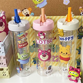 ღ 700ml Disney Water Cup Strawberry Bear Winnie The Pooh Alien Large Capacity Water Bottle Portable Straw Cup For Kids Gift Plastic Drinking Bottle