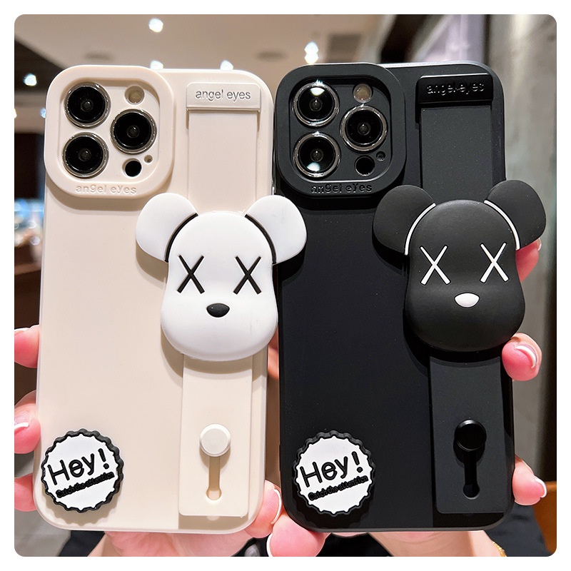 ปลอกสําหรับ iPhone 16 15 14 Pro Max 13 12 mini 6S 6 7 8 Plus 11 Pro X XR XS Max se 2020 เคสโทรศัพท์มือถือ ซิลิโคน ลายหมีโหด 3D พร้อมสายคล้องข้อมือ สําหรับ