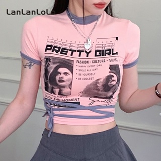 Lanlanlolo เสื้อยืดลําลอง แขนสั้น คอกลม พิมพ์ลายตัวอักษร สําหรับสตรี 2023