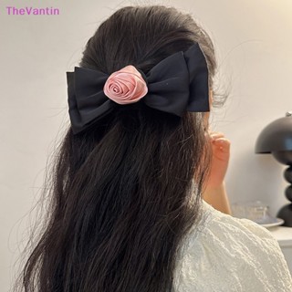 Thevantin ยางมัดผมหางม้า ลายดอกกุหลาบ สีชมพู ผูกโบว์ สีดํา แป้งซา ฝรั่งเศส ปิ่นปักผม ปาร์ตี้ วินเทจ ตกแต่งผม ผู้หญิง ของขวัญ ของดี