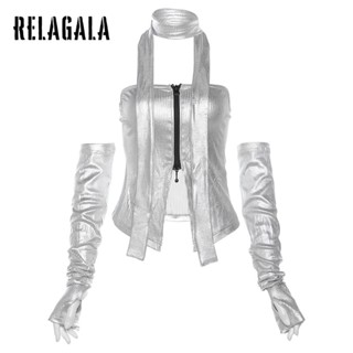 Relagala ใหม่ เสื้อยืดลําลอง แขนสั้น ผ้าพันคอ มีซิป สีพื้น เซ็กซี่ แฟชั่นสําหรับสตรี 2023