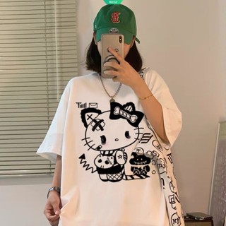 SANRIO เสื้อยืดแขนสั้นลําลอง ทรงหลวม ลาย Hello Kitty แฟชั่นฤดูใบไม้ผลิ และฤดูร้อน สไตล์ญี่ปุ่น สําหรับเด็กผู้หญิง 2023