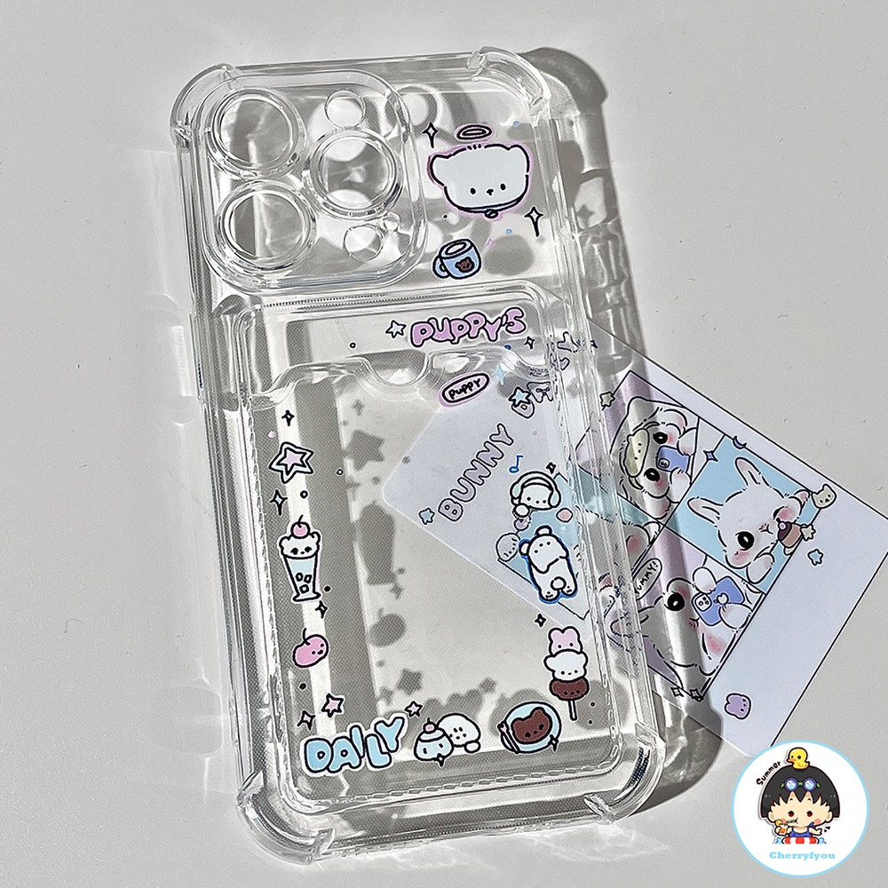 เคสโทรศัพท์มือถือแบบนิ่ม TPU ใส กันกระแทก ลายการ์ตูนหมี พร้อมช่องใส่บัตร คริสตัล เรียบง่าย สําหรับ iPhone 14 13 12 11 Pro Max X XR 8 7 Plus SE