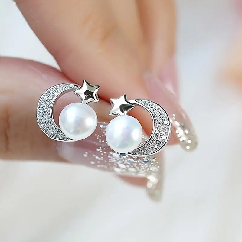 925 เงินสเตอร์ลิงประณีตขนาดเล็กเลียนแบบ Pearl Stud ต่างหูผู้หญิงแฟนซี Cubic Zircon ต่างหูสาวสไตล์เครื่องประดับหู