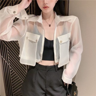 Milyfashion เสื้อแจ็กเก็ตซีทรู กันแดด โชว์สะดือ แบบบาง แต่งกระเป๋าใหญ่ เหมาะกับฤดูร้อน สําหรับผู้หญิง
