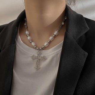 Full Diamond Cross Pendant, Pearl Splice, Long and Short Necklace, Girls New INS Small Design, Hip Hop Fashion Sweater Chain, Women