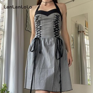 Lanlanlolo ชุดเดรส สายคล้องคอ เอวสูง ลายสก๊อต เซ็กซี่ สไตล์ฝรั่งเศส สําหรับผู้หญิง 2023