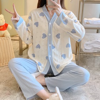 ชุดนอน เสื้อคาร์ดิแกนแขนยาว ผ้าฝ้าย แบบบาง แฟชั่นฤดูใบไม้ผลิ และฤดูหนาว สไตล์เกาหลี สําหรับผู้หญิง