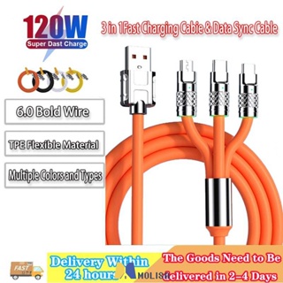 120W 6a 3 In 1 Super Fast Charger Type C สายซิลิโคนเหลว Quick Charge สาย Micro Usb MOLISA MOLISA