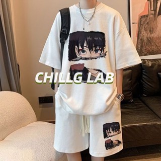 CHILLG LAB ชุดสูทผู้ชายฤดูร้อนวาฟเฟิลเทรนด์กีฬาลำลองแขนสั้นกางเกงขาสั้นสองชิ้นชุดสูทเยาวชนหล่อ