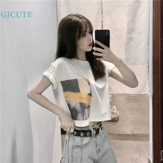 Gjcute เสื้อยืดลําลอง คอกลม แขนสั้น พิมพ์ลาย ทรงหลวม สไตล์เรโทร แฟชั่นฤดูร้อน สําหรับสตรี WTD