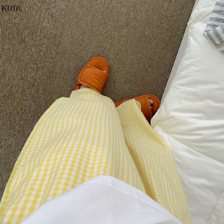 Kuik เซตชุดนอน 2 ชิ้น เสื้อผ้าบ้าน กางเกงลายสก๊อต เสื้อยืดลําลอง ชุดนอนสูท ik