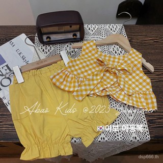 Korean style childrens clothing 2023 Summer new elegant girls plaid lace-up vest top Lantern shorts two-piece set EUVU