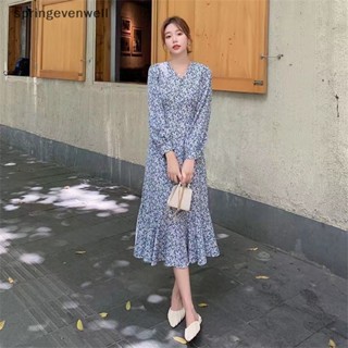 [springevenwell] ชุดเดรสยาว แขนยาว คอวี พิมพ์ลายดอกไม้ นางเงือก สีฟ้า สําหรับสตรี