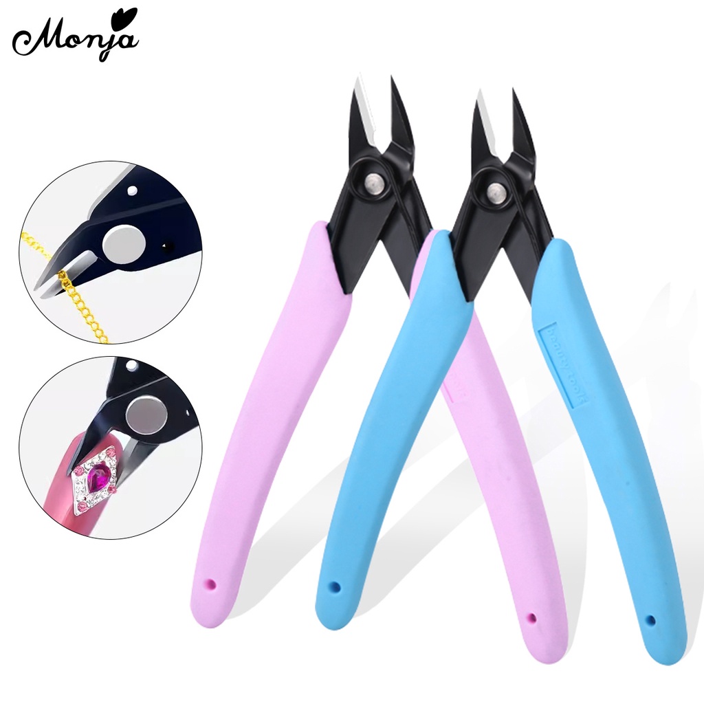 Monja กรรไกรตัดเล็บ พลอยเทียม สีฟ้า สีชมพู DIY สําหรับตกแต่งเล็บ nail cutter