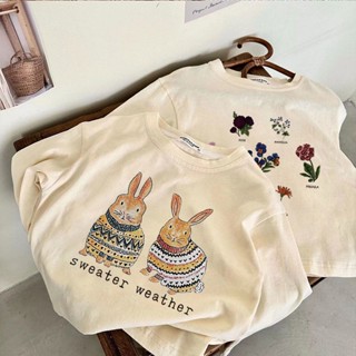 พร้อมส่ง เสื้อยืดแขนยาว ผ้าฝ้าย 100% พิมพ์ลายกระต่ายน่ารัก สไตล์เกาหลี สําหรับเด็กผู้ชาย และเด็กผู้หญิง