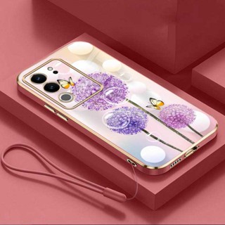 [ฟรีสายคล้อง] Vivo V29 5G V29E V29 Pro หรูหรา ดอกแดนดิไลออน เคส ขอบสี่เหลี่ยม ชุบ ด้านหลัง TPU เคสนิ่ม