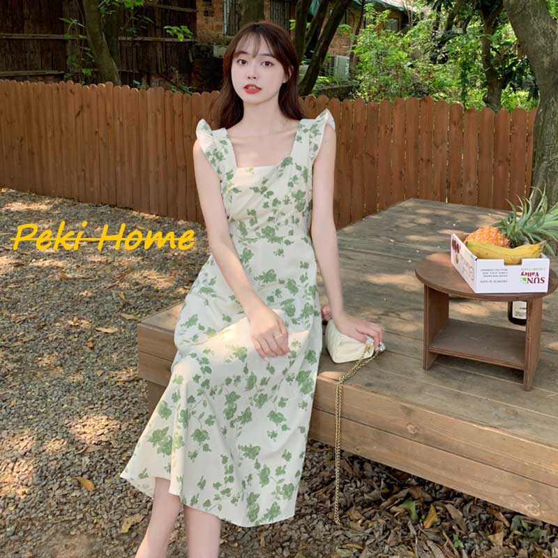 พร้อมส่ง สำหรับผู้หญิงเดรสยาวปานกลางแขนพองคอเหลี่ยม ชุดเชือกแขวนคอลายดอกไม้