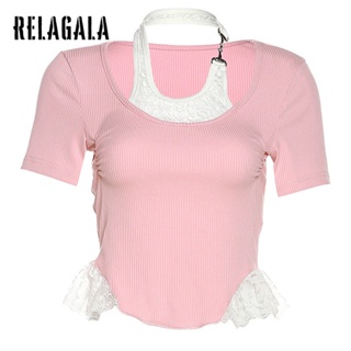 Relagala ใหม่ เสื้อยืดแขนสั้น คอสี่เหลี่ยม ลําลอง สีพื้น แฟชั่นสําหรับสตรี 2023