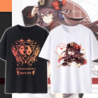 【สปอตสินค้า】 Genshin Impact HuTao เกมเสื้อยืดผู้หญิง(S-5XL) แฟชั่นเสื้อขาว