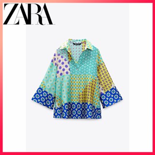 Zara ใหม่ เสื้อเชิ้ต ทรงหลวม พิมพ์ลาย เย็บปะติดปะต่อกัน สําหรับผู้หญิง