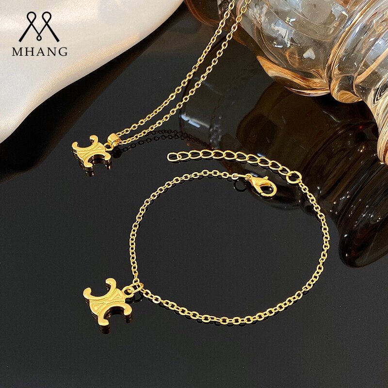 สร้อยคอ สร้อยข้อมือ ชุบทอง พิมพ์ลายตัวอักษร C แบบเรียบง่าย สไตล์เกาหลี สําหรับผู้หญิง