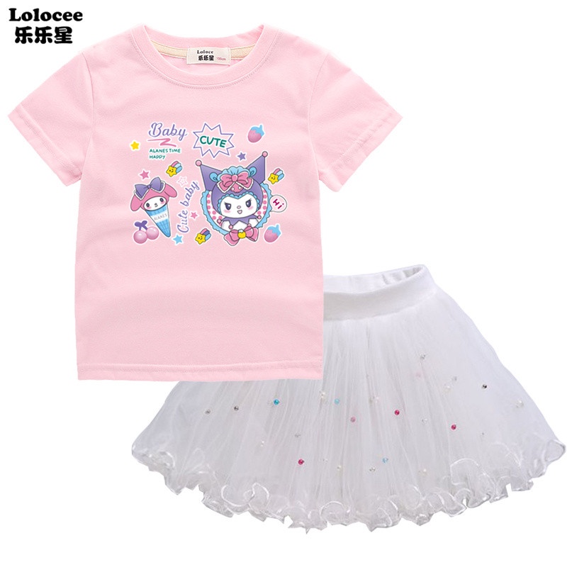 SANRIO ชุดเสื้อยืด ลาย Melody Kuromi และกระโปรง สีชมพูน่ารัก แฟชั่นฤดูร้อน สําหรับเด็กผู้หญิง จํานวน 2 ชิ้น - รูปที่ 2