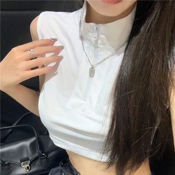 เสื้อกั๊กแขนกุด คอสูง แต่งซิปครึ่ง เซ็กซี่ แฟชั่นฤดูร้อน สําหรับผู้หญิง RIGV