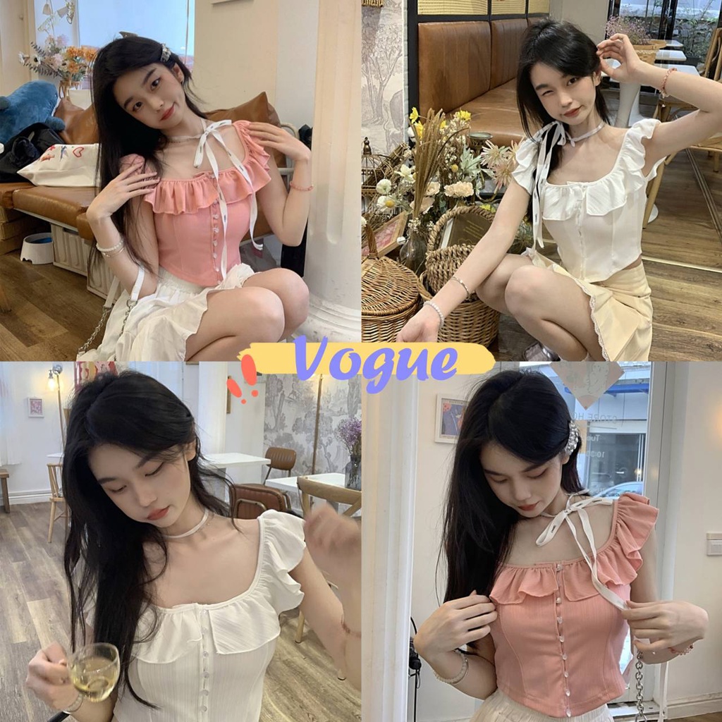 Vogue พร้อมส่ง เสื้อไหมพรมแขนกุด ใส่ได้2แบบน่ารักระบายข้างหน้า (37033) -N