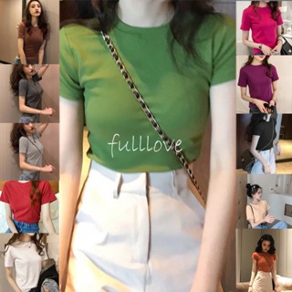 Fulllove  เสื้อยืดแขนสั้น สีพื้น สไตล์เกาหลี สําหรับผู้หญิง 11 สี เสื้อยืด