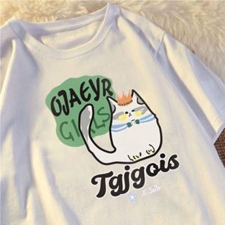 TOP CT【💘💘】Korean loose cotton short-sleeved T-shirt cartoon cat printed  retro oversize top for women