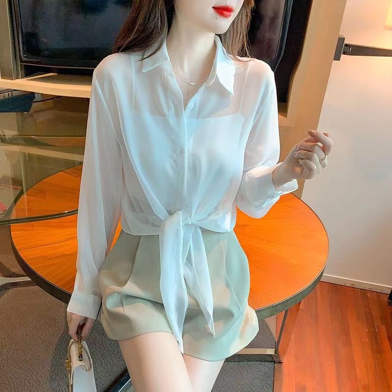 STYLE พร้อมส่ง W215# เสื้อป้องกันแสงแดดเ สื้อเชิ้ตชีฟอ ทรงหลวมเซ็กซี่ สวยมาก ผ้าก็บางๆ เสื้อใส่สบายชิวๆ