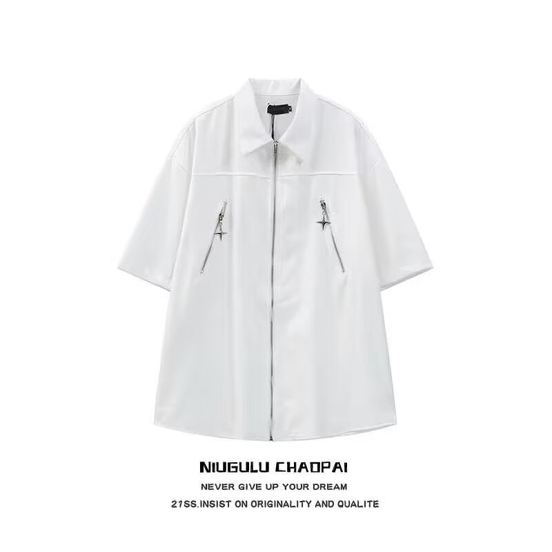 เสื้อเชิ้ตแขนสั้นลําลอง แต่งซิป ขนาดใหญ่ แฟชั่นยอดนิยม สไตล์เกาหลี สําหรับผู้ชาย