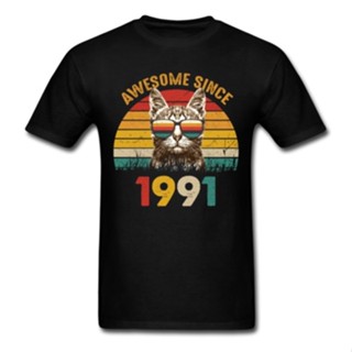 Awesome Since 1991 เสื้อยืดลําลอง ผ้าฝ้าย แขนสั้น ระบายอากาศ พิมพ์ลายแมวตลกน่ารัก